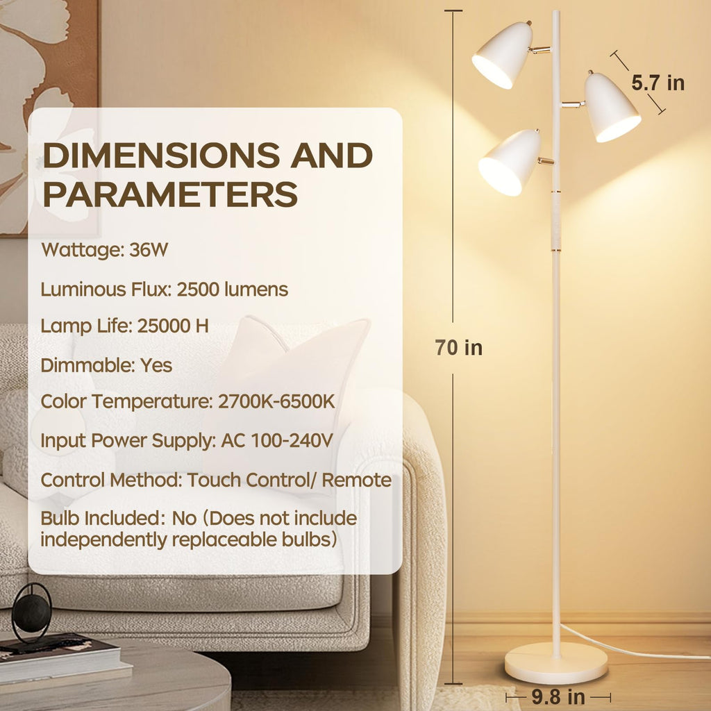 36W LED Floor Lamp, Modern White 3-Light Tree Standing Lamp