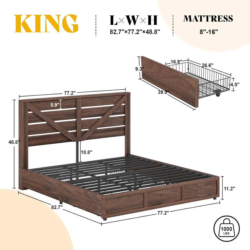 King Farmhouse Bed Frame with 4 Drawers, Wooden Storage Bed Frame with Headboard and Heavy Duty Metal Slats, Noisy