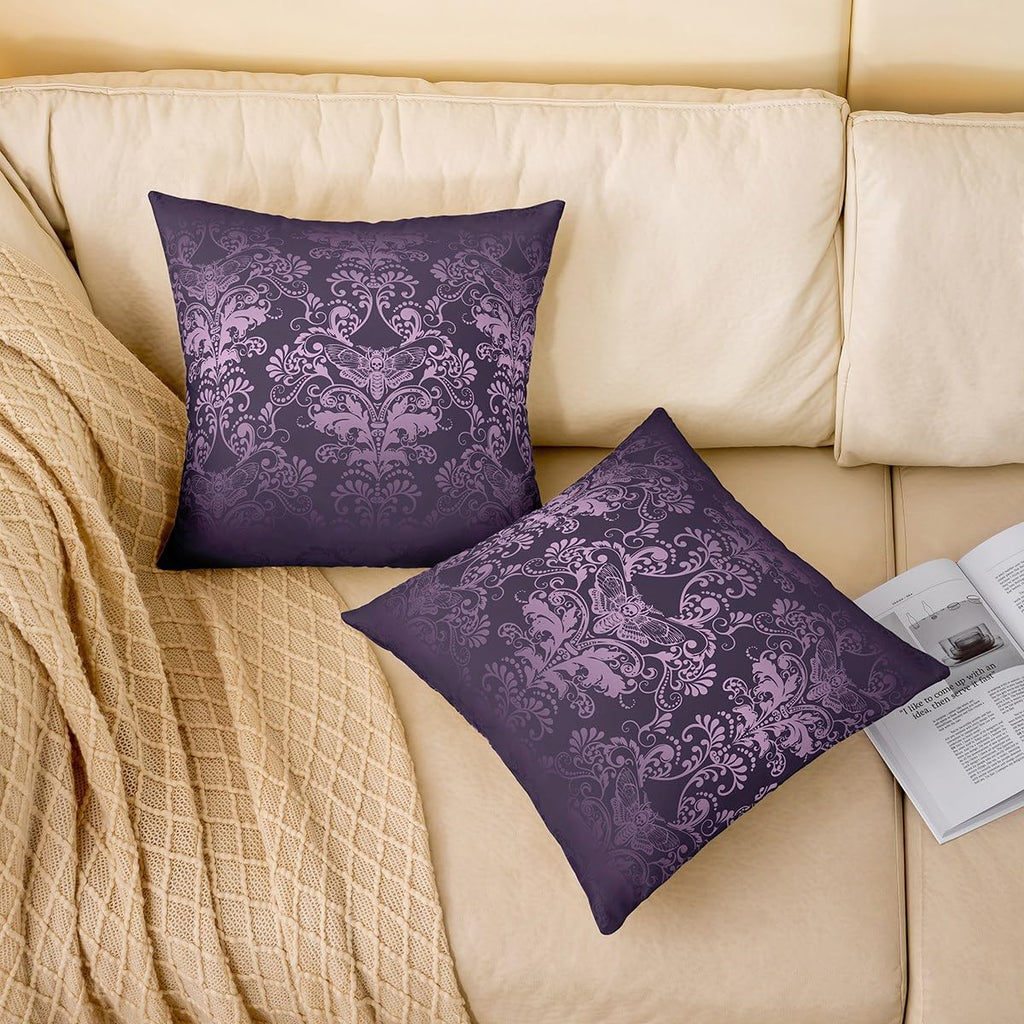 Set of 2 Purple Black Damask Pillow Covers 24x24 Inch Vintage Floral Throw Pillow Covers Antique Victorian Baroque