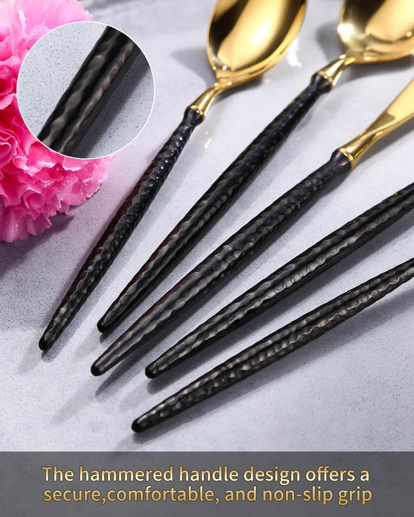 20-Piece Hammered Black Gold Silverware Set,18/10 Stainless Steel Forging Heavy Duty Cutlery Set for 4, Luxury Unique