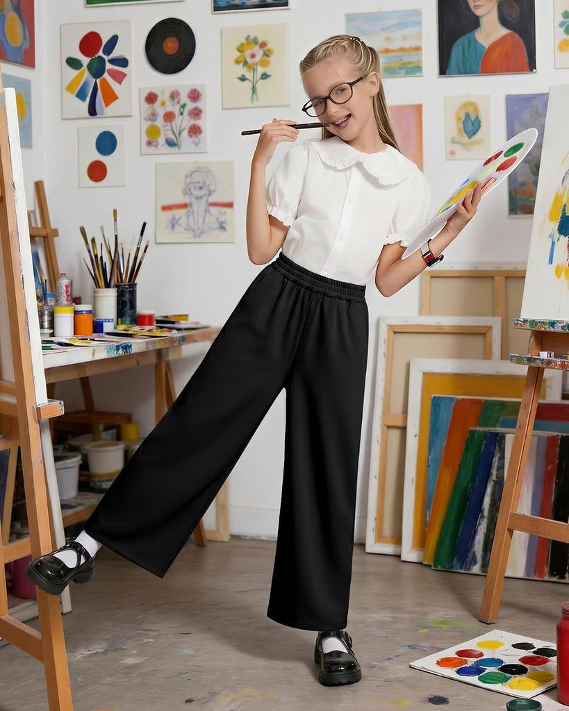 Girls Wide Leg Loose Pants Straight Plain Casual Uniform Long Pant for School Street Outgoing Kids Girls