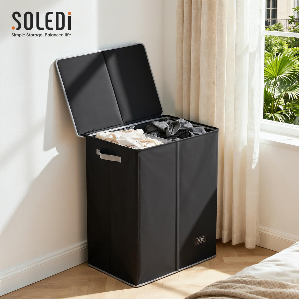 Double Laundry Hamper with Lid and Removable Laundry Bags,Divided Laundry Bin - Large Clothes Hamper 2 Section