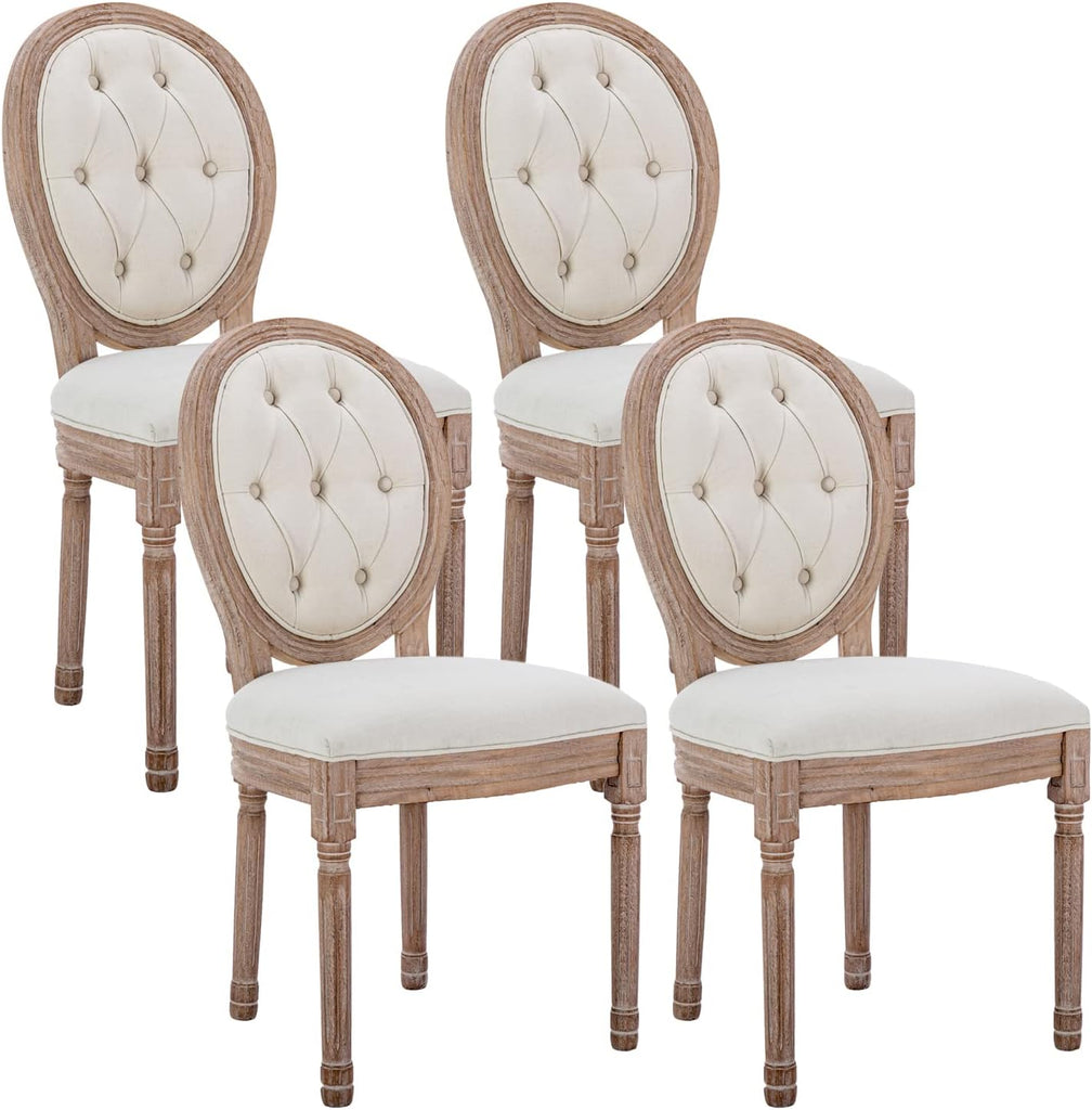 French Country Dining Chairs Set of 4, Vintage Louis-Style Chairs with Carved Solid Wood Frame
