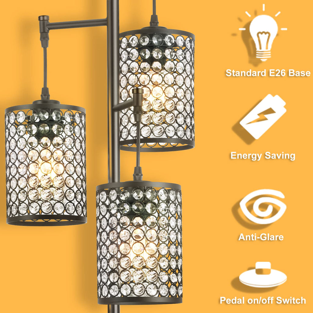 Modern 3-Light Tree Floor Lamp Crystal Standing Lamp, Black