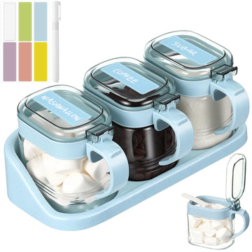 3 Pcs Sugar Coffee Container Set 16 oz Glass, Nordic Blue