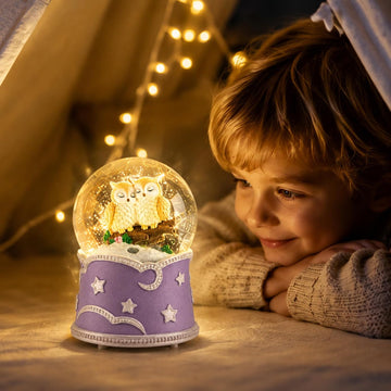 Owl Snow Globe Music Box with Color Lights, Beautiful Dreamer Tune, Glitter Musical Snow Globe, Rotating Owls