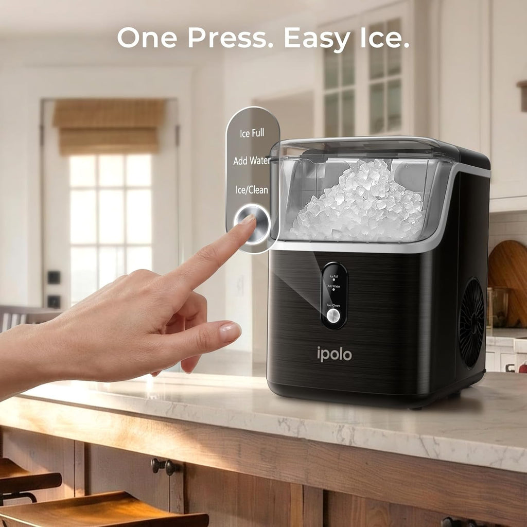 Nugget Ice Maker Countertop: 33lb/Day, Self-Cleaning, Black Stainless Steel, Portable, Soft Chewable Pebble Ice