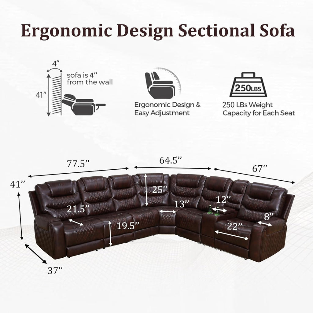 Breathing Leather Reclining Sectional Couch, 6 Seat L Shaped Sofa with 2 Power Recliner Seats, Reclining Sectional