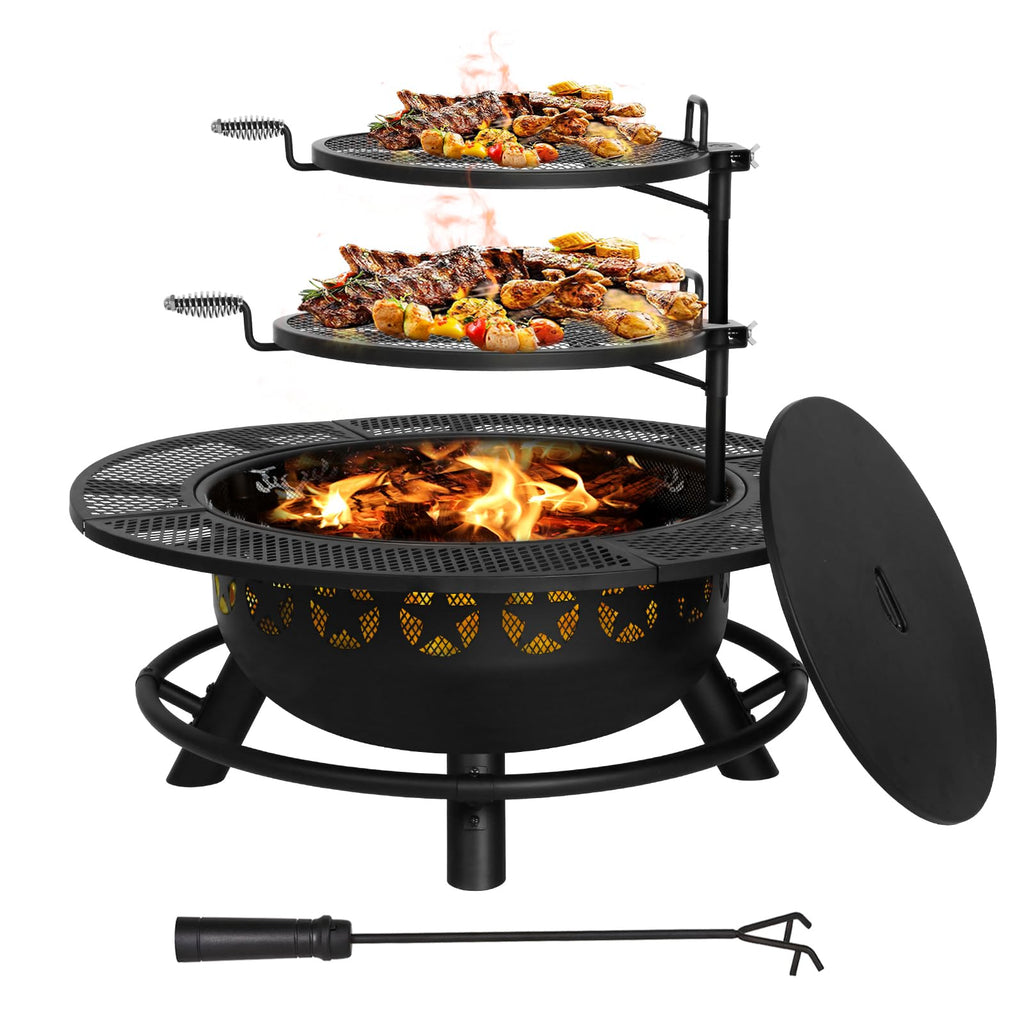 35 Inch Fire Pit with Cooking Grate and Charcoal Pan, Outdoor Wood Burning BBQ Grill Firepit Bowl with Cover Lid and