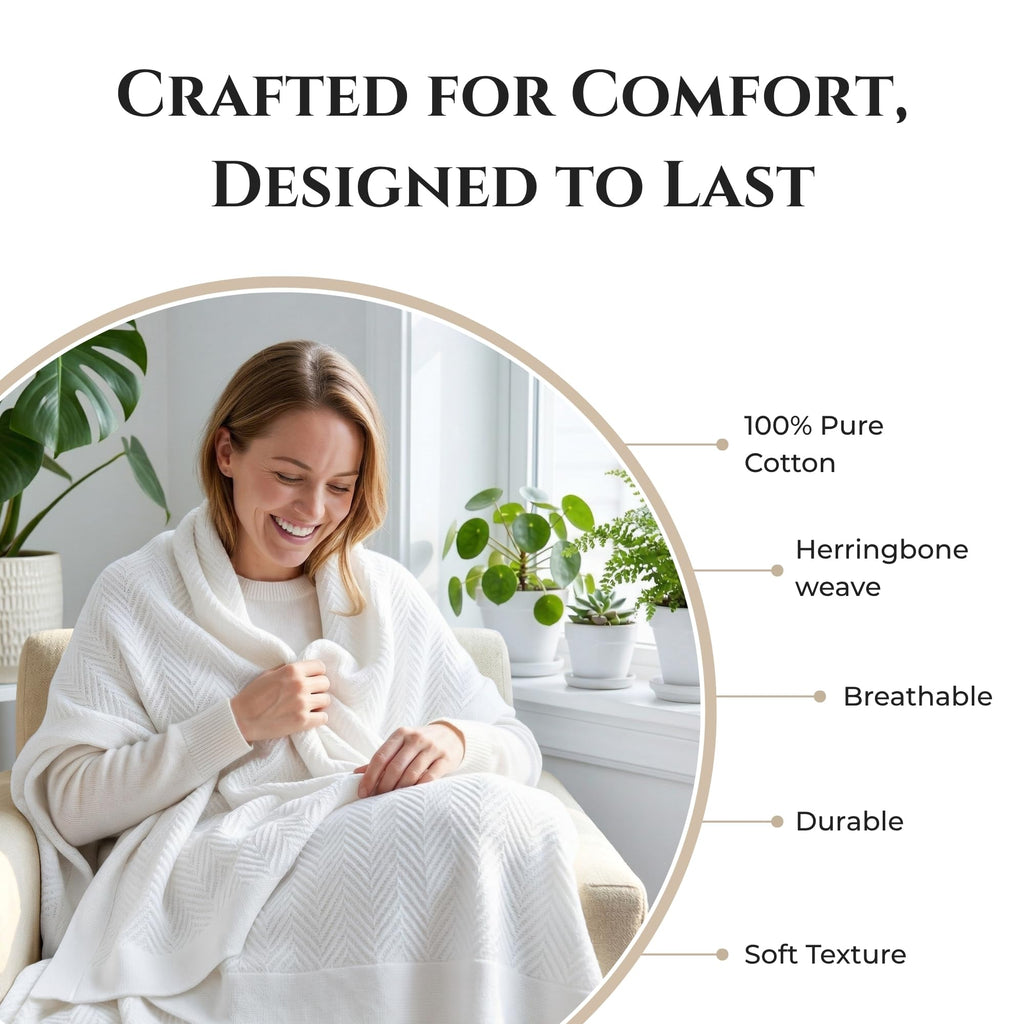 Luxury Cotton Blanket for Queen Size - Breathable Herringbone Blanket, All Season Bed Layering, 350 GSM Cozy Soft