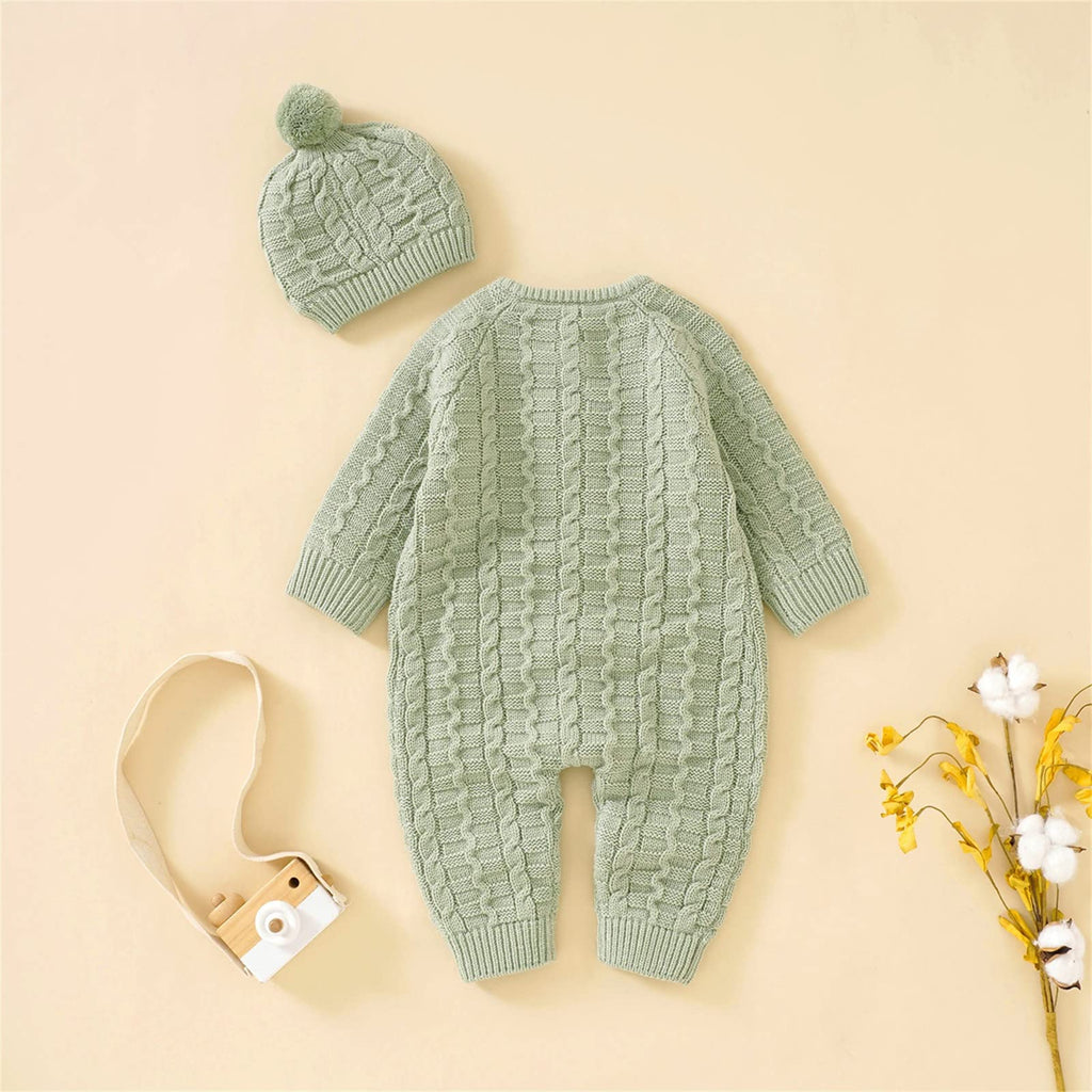 Baby Cable Knit Romper Set Front‐Button Jumpsuit with Pom‐Pom Beanie