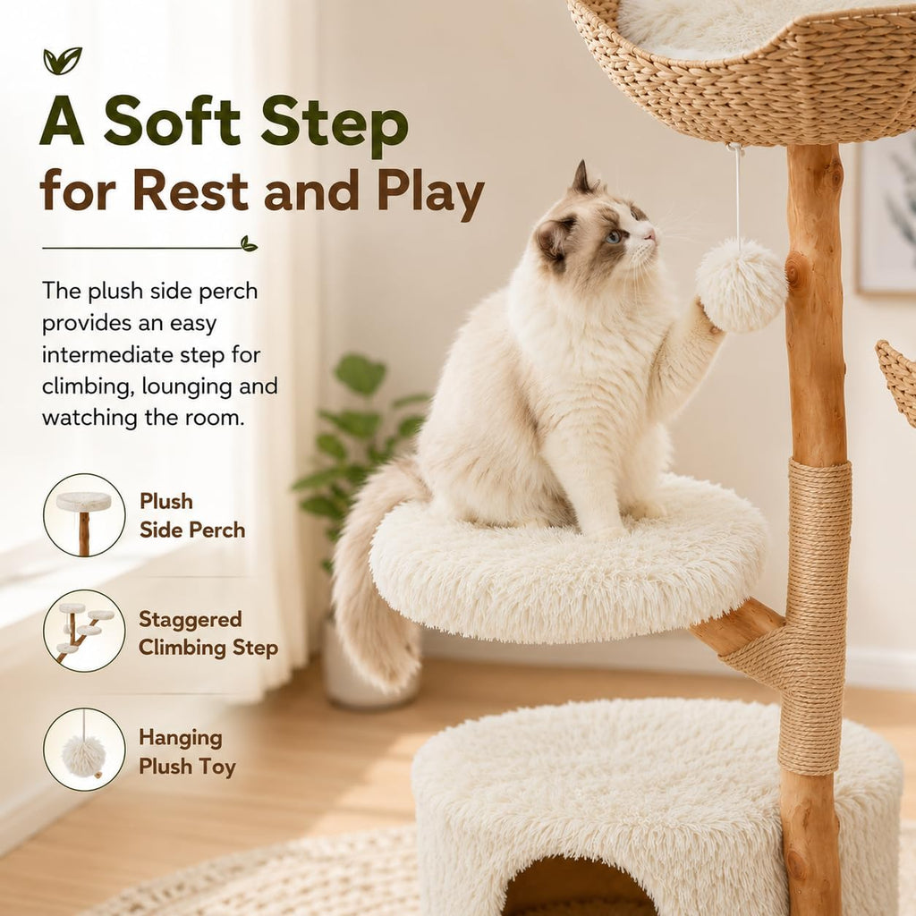 46.9-Inch Natural Wood Cat Tree with 2 Woven Baskets and Condo
