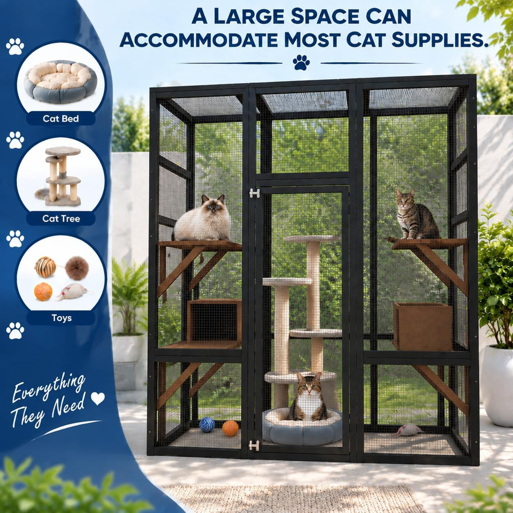 70" Catio Outdoor Cat Enclosure, Wooden Patio Cat House, Black