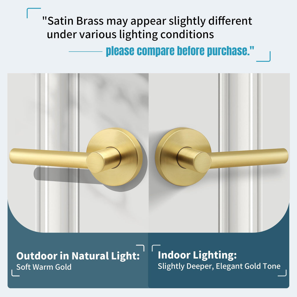 Brushed Gold Keyless Passage Door Lever, Heavy Duty Gold Interior Door Handle, Round Non-Locking Door Lock or Closet