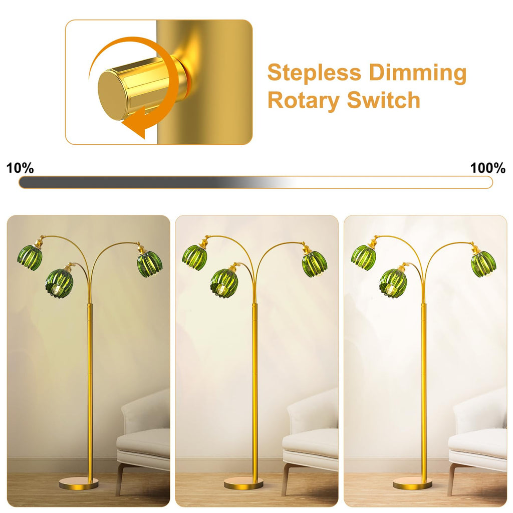 Arc Floor Lamps, Gold Dimmable Floor Lamp with Green Flower Glass Shades and 3 Brightness Lights, Adjustable Arm