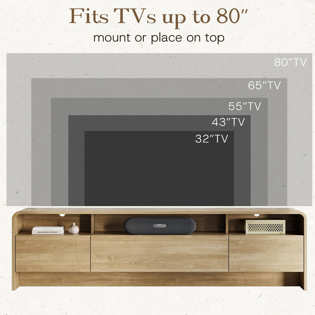 70" Modern Rounded-Corner TV Stand for 70-80 Inch TVs(Natural Oak)