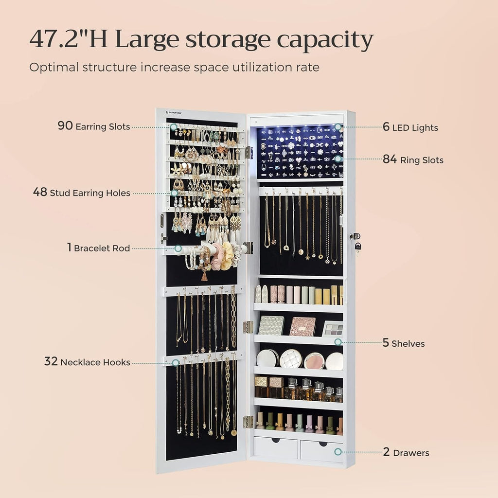 6 LEDs Mirror Jewelry Cabinet, 47.2-Inch Tall Lockable Wall or Door Mounted Jewelry Armoire Organizer with Mirror, 2