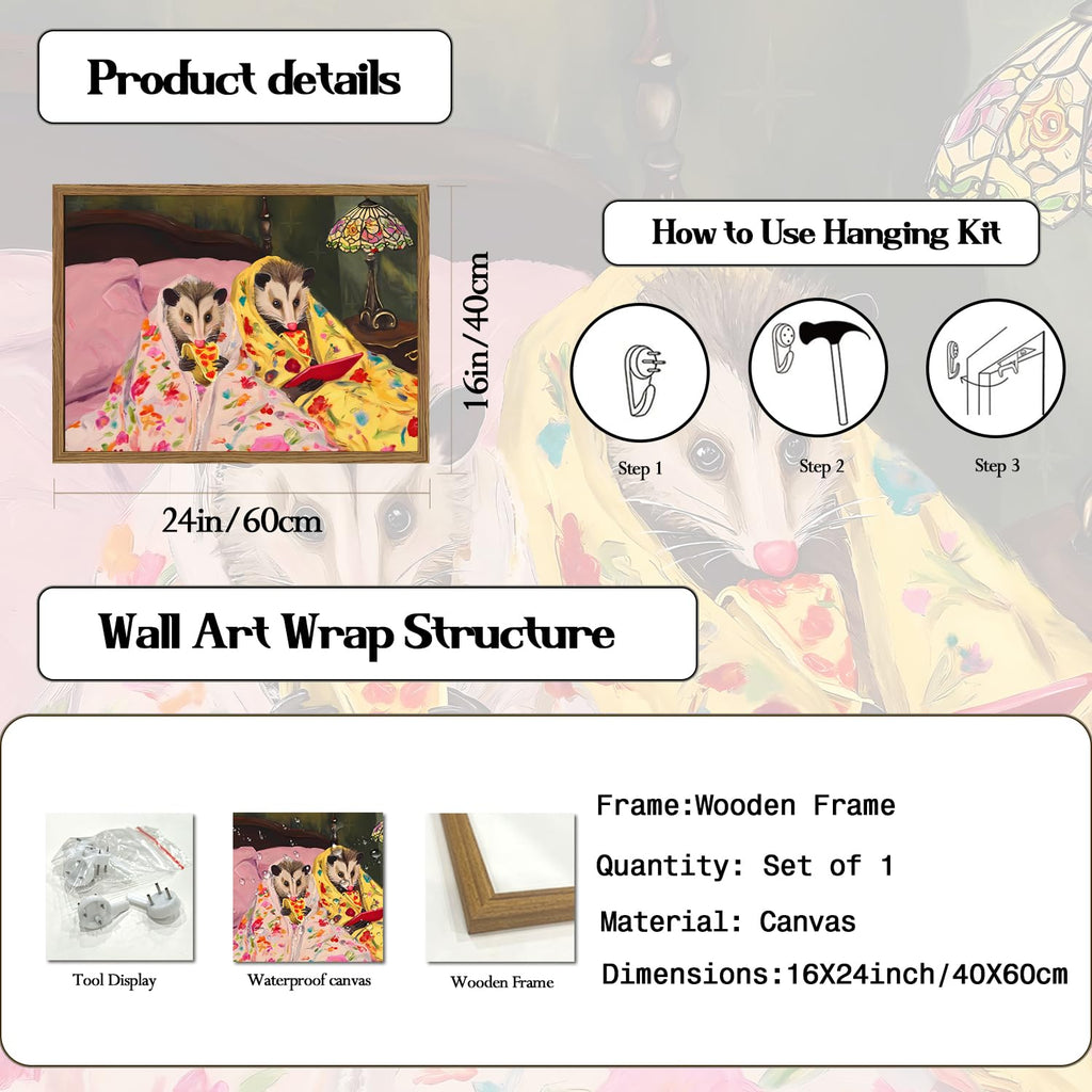Funny Opossum Wall Art, Whimsical Animal Wall Decor Painting Cute Possum Eating Pizza in Bed Poster Canvas Prints