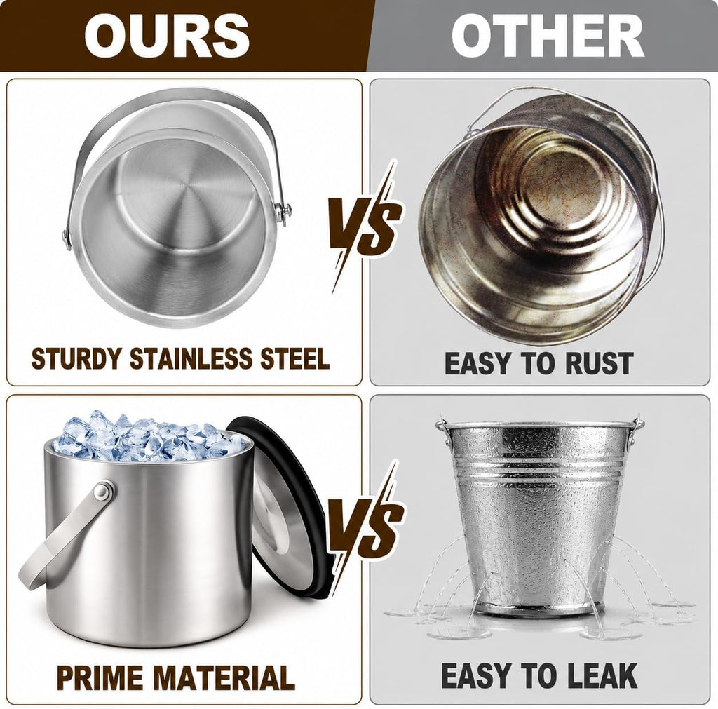 3L Double-Wall Stainless Steel Ice Bucket with Lid,Ice Scoop & Tongs,100oz - Set of 4