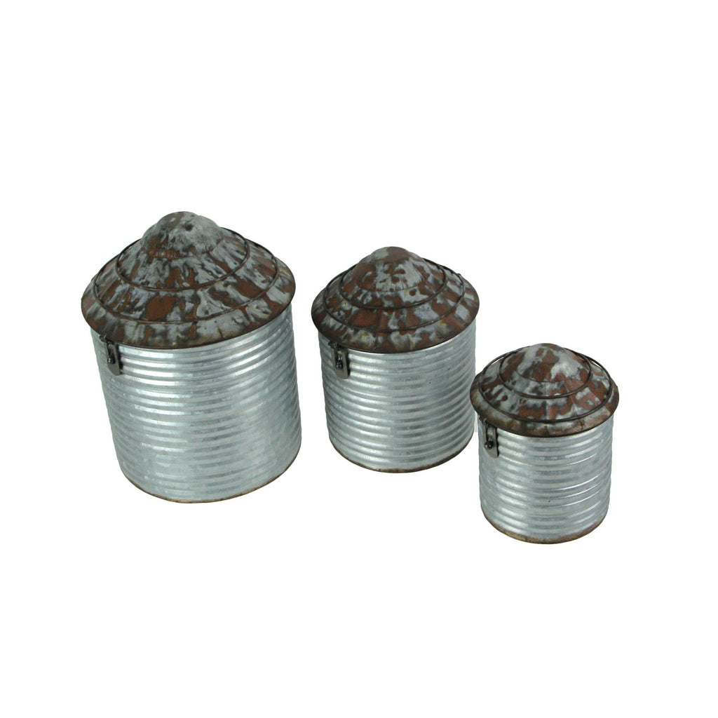 Set of 3 Farm Silo Canisters, 10.75 Inch Tall, Grey Galvanized Zinc Finish