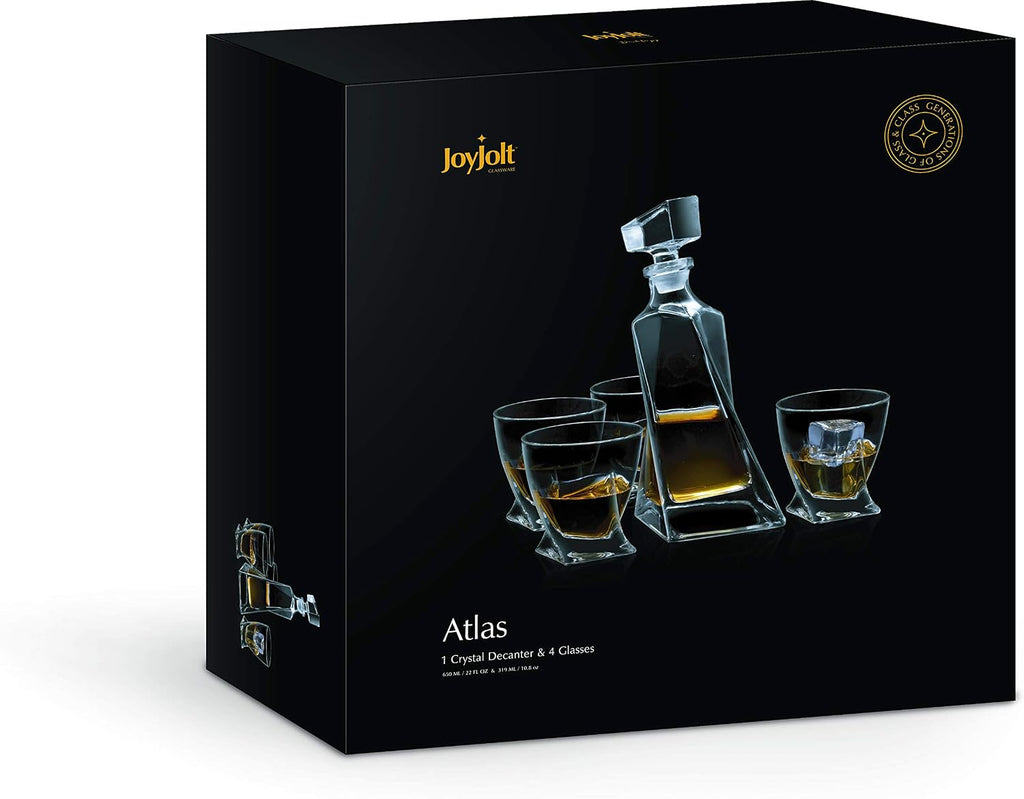 Atlas 5-Piece Luxury Crystal Whiskey Decanter Set, 22 oz Decanter & 4 x 10.8 oz Old Fashioned Whiskey Glasses - Set of 5