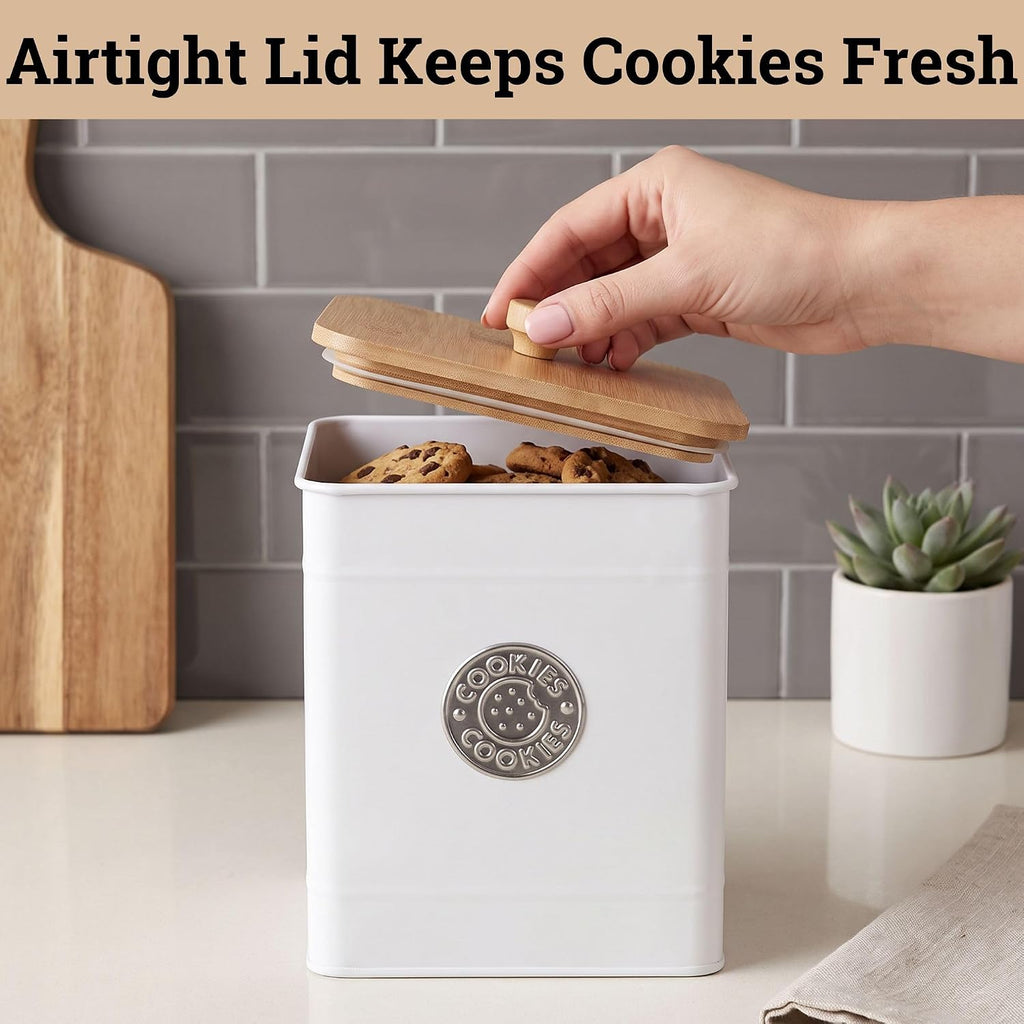 Cookie Jar with Airtight Bamboo Lid, 6"D x 8"H, 1 Gallon Iron Cookie Tin