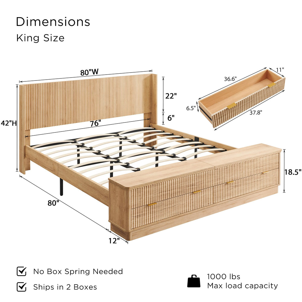 Fluted King Bed with Headboard and Storage Bench, Natural Oak