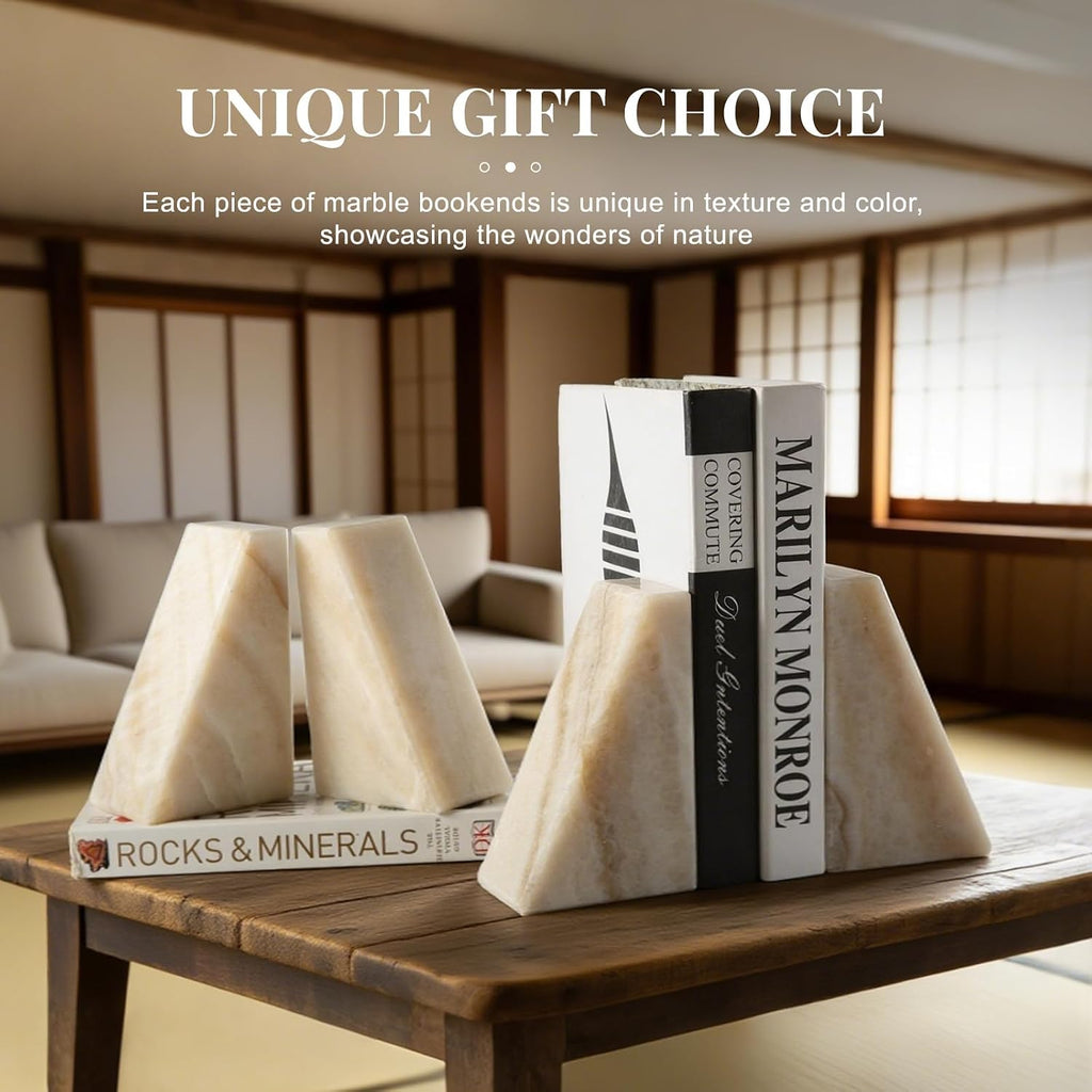 Marble Bookends for Shelves, Large Bookends for Heavy Books, Non-Slip 7Lbs Stone Book Ends for CD/Movies, Modern