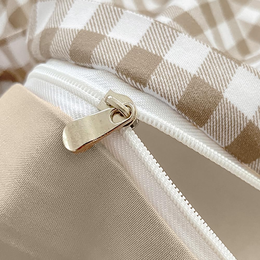 Gingham Duvet Cover Queen Brown Tan Plaid Checkered Comforter Cover Grid Farmhouse Bedding Set 3 Pcs Soft Breathable