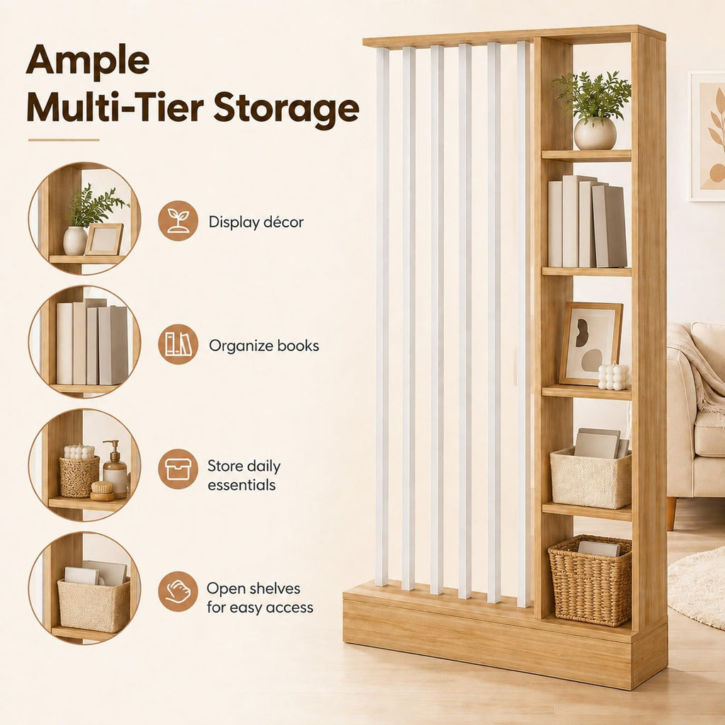 Wood Room Divider with Storage Shelves Freestanding Slat Partition Shelf