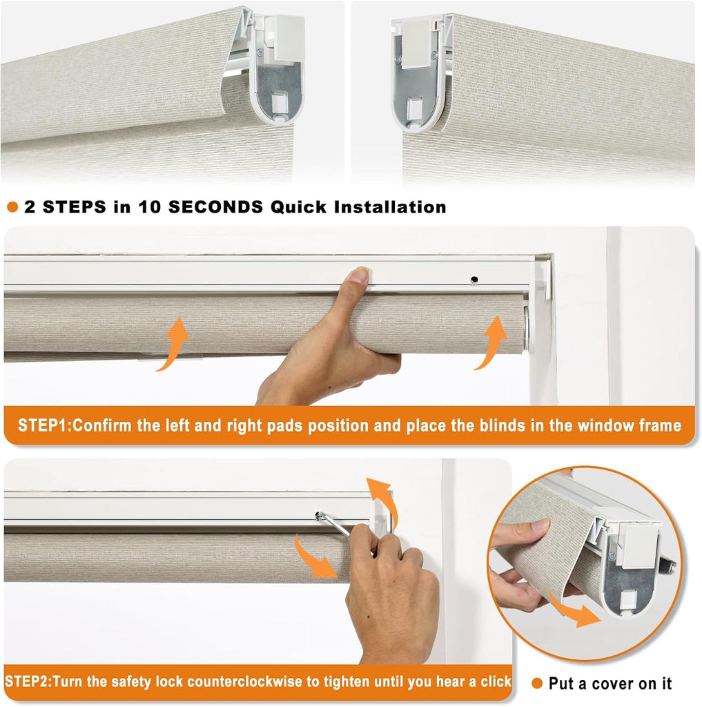 No Drill No Tools Light Filtering Roller Shades for Windows,Linen Fabric Cordless Roller Blinds,Custom Blinds for Home,Bedroom,Living Room,Beige-Light Filtering,Custom Size