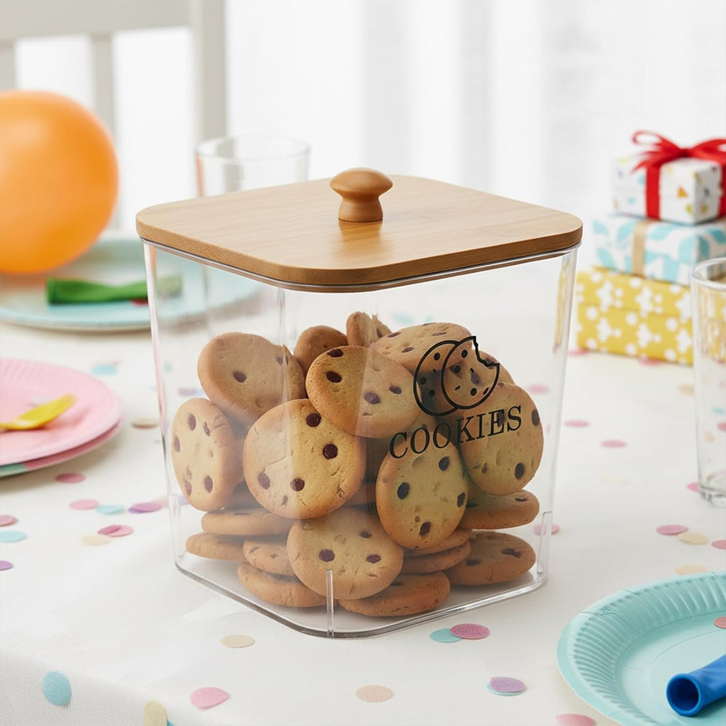Cookie Jars with Wooden Lids Airtight, 2L Plastic Cookie Tin, Wide Mouth Candy Jar, Kitchen Counter Food Storage
