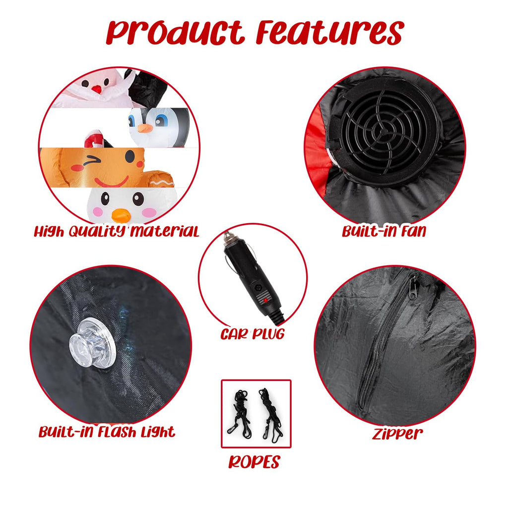 Christmas Inflatable Car Decoration Car Buddy with 12V Car Plug, 4-Pack Santa, Snowman, Gingerbread & Penguin LED