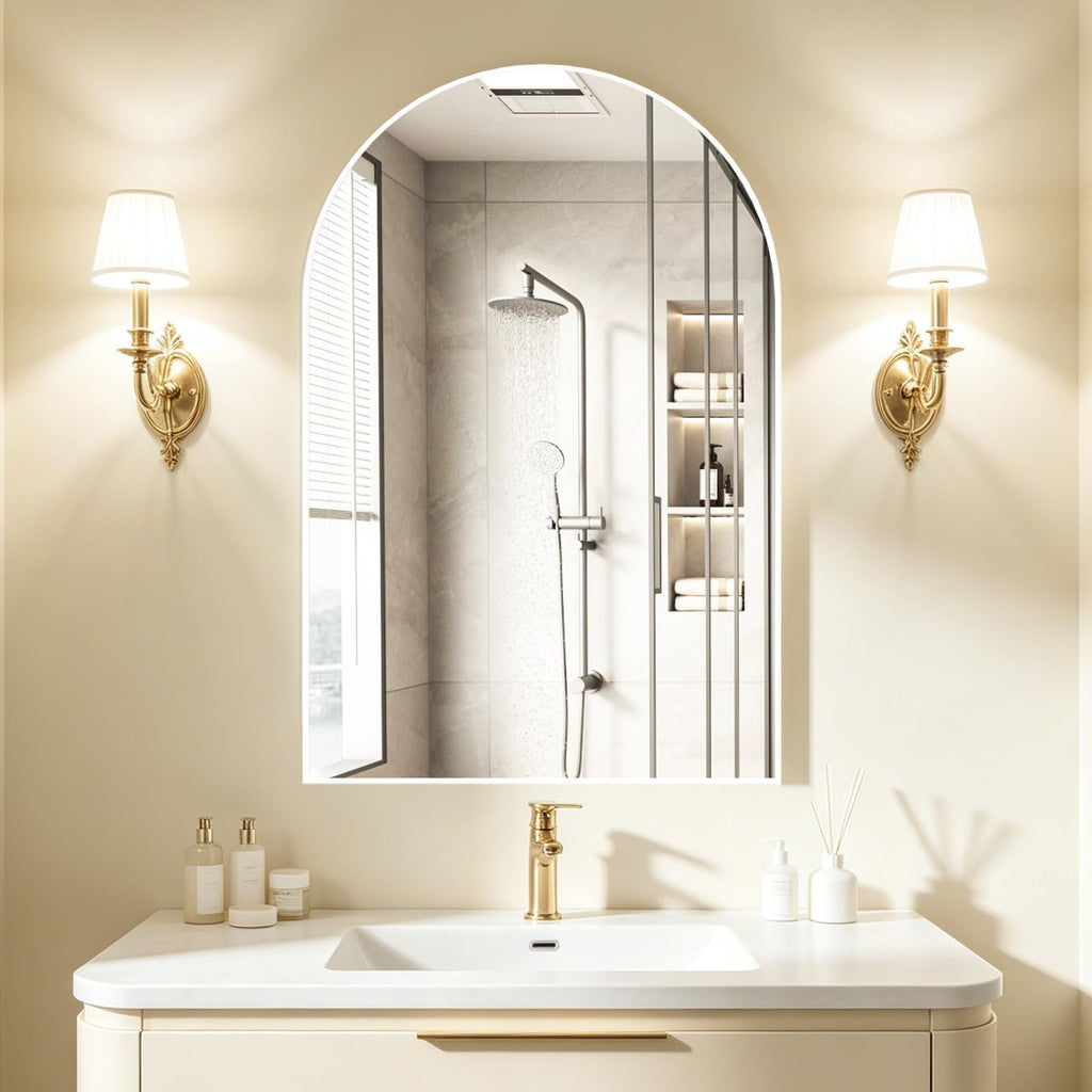 Wall Mounted Mirror, Arched Wall Mirror, 20"x30" Arch Bathroom Mirror with Metal Frame, 2 Pieces White Vanity Mirror