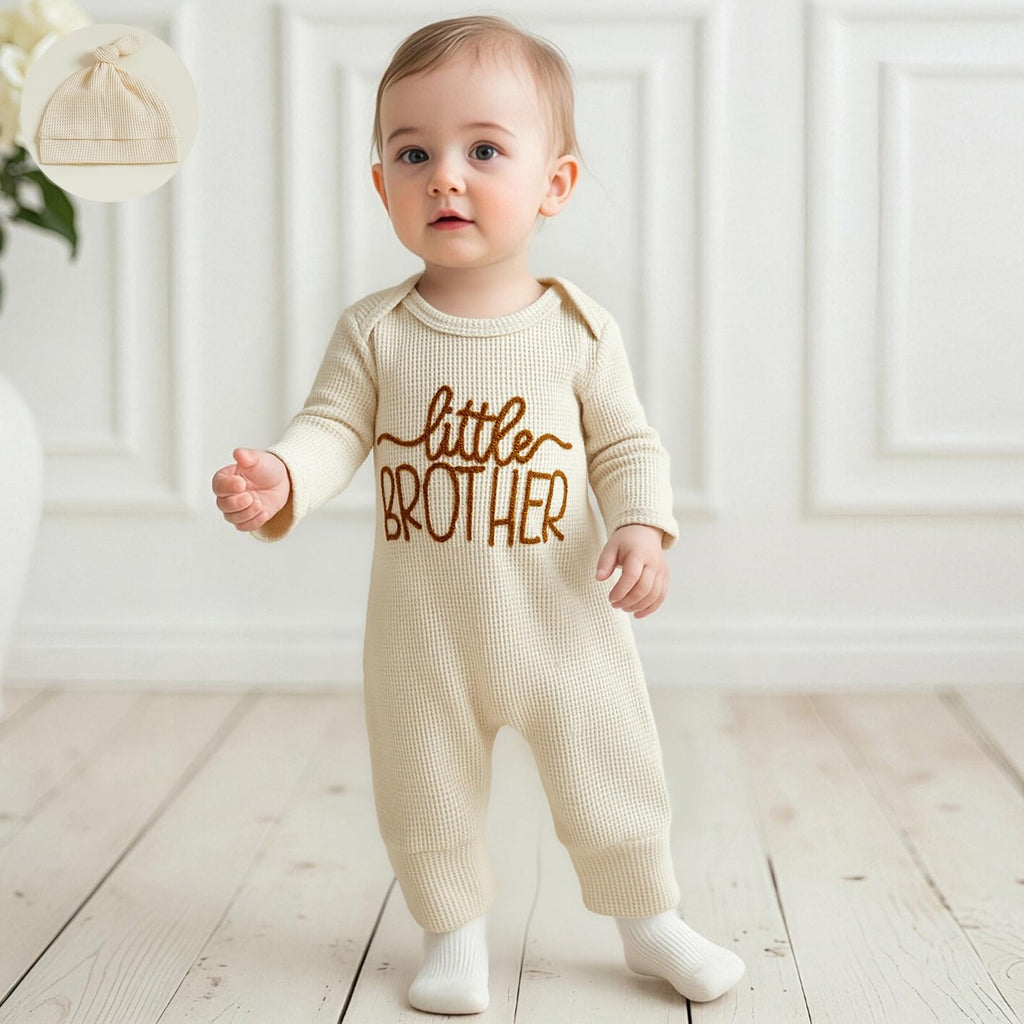 Newborn Baby Boy Fall Outfit Romper Little Brother Lil Bro Long Sleeve Jumpsuit Bodysuit Infant Winter Waffle Clothes