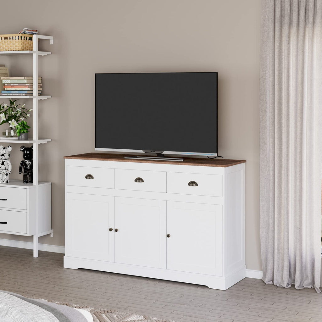 White Buffet Cabinet Storage Sideboard Farmhouse Server Bar Wine Cabinet with 3 Drawers & 3 Doors Adjustable Shelves
