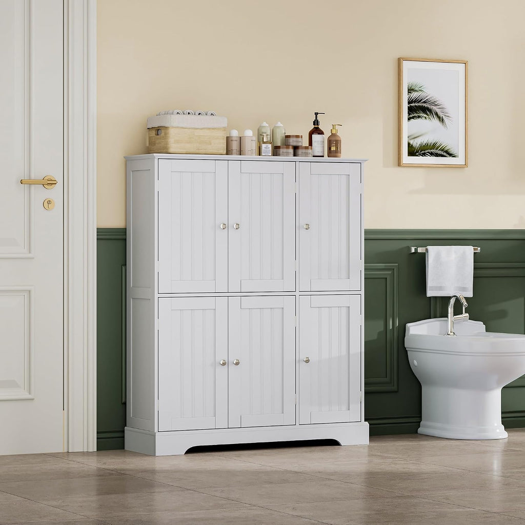 Bathroom Floor Cabinet with 6 Doors and Adjustable Shelves | Modern Bathroom Storage Cabinet, Freestanding Cupboard