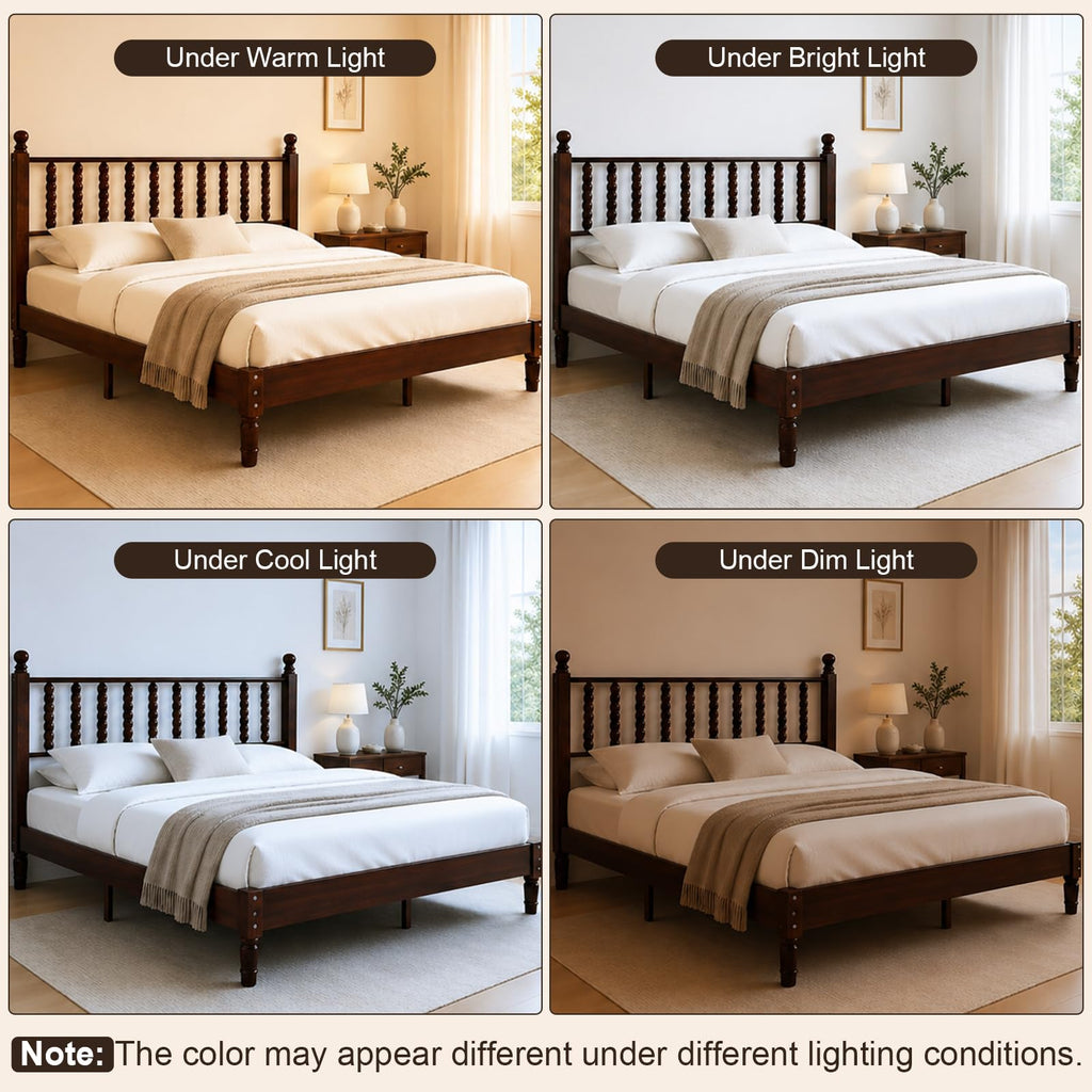 Vintage Wood Bed Frame Queen Size with Spindle Headboard, Walnut