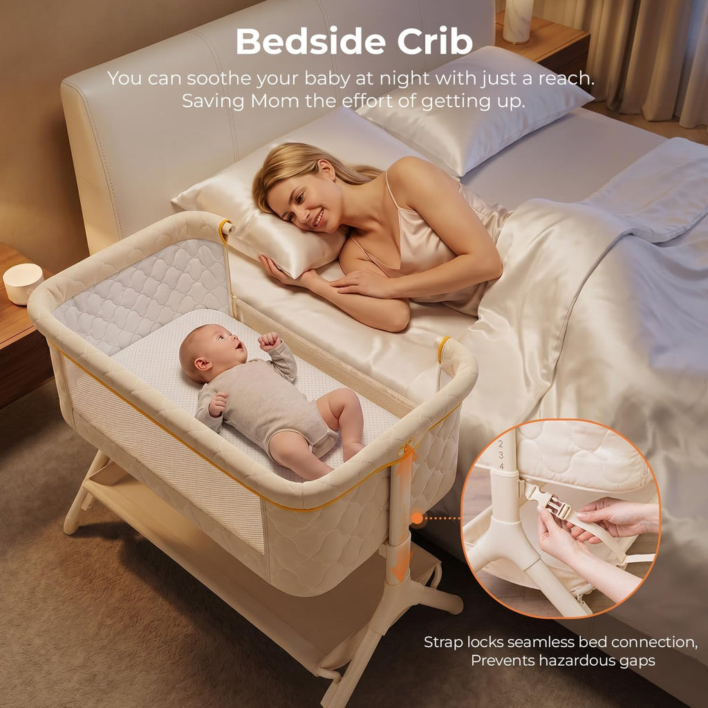 Bedside Bassinet for Baby, 3-in-1 Foldable Travel Bassinet with Wheels, Portable Baby Bassinet Adjustable Height