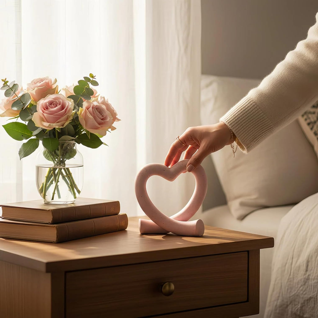Pink Heart Decor Sculpture, Cute Romantic Love Statue Aesthetic Room Decor Desk Shelf Coffee Table, Gift for Her