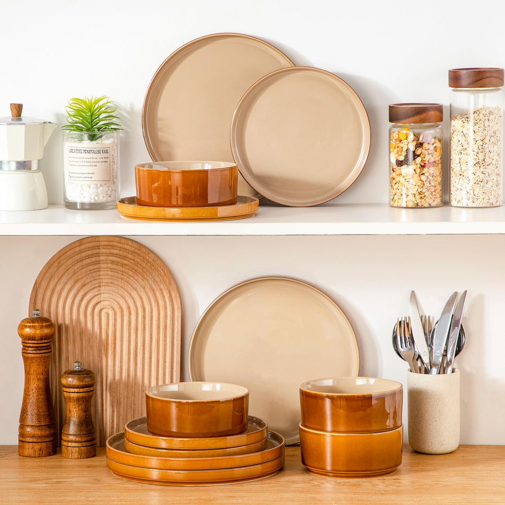 Ceramic Plates and Bowls Sets, 12 Pieces Brown Dinnerware Sets , Reactive Glaze Dishes Set for 4, Dishwasher and