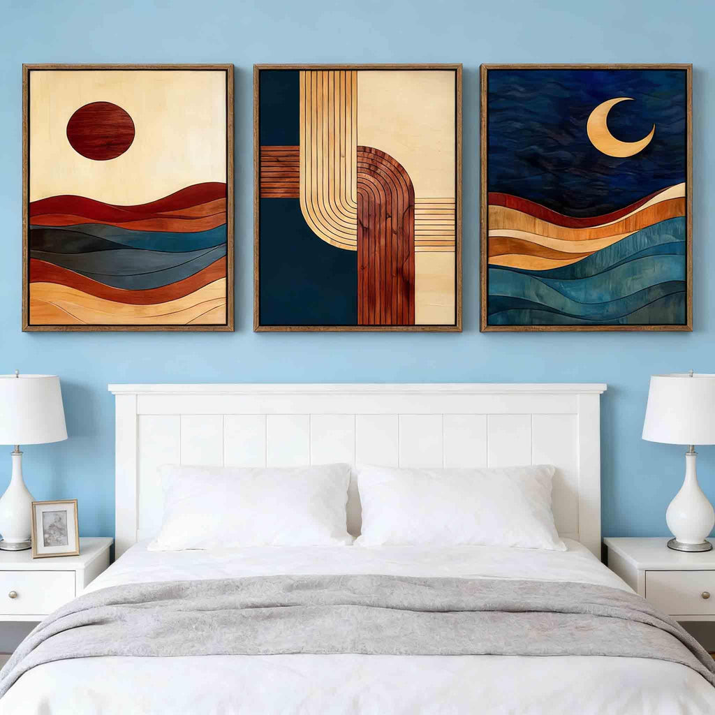 3-Piece: 24x36 Inch Framed Sun & Moon Modern Abstract Wall Art - Boho Mid-Century Geometric Canvas Decor