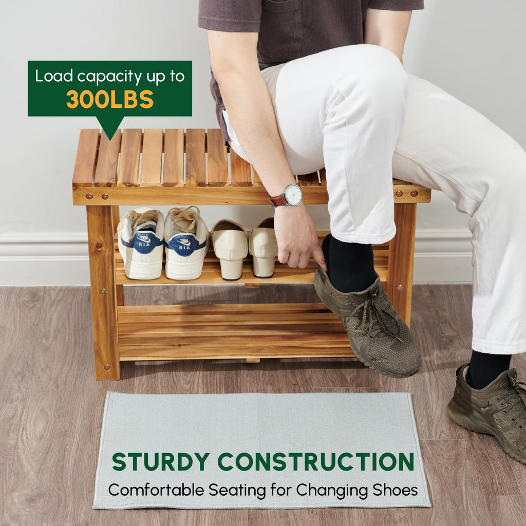 Acacia Wooden Shoe Rack Bench, 3-Tier, Natural