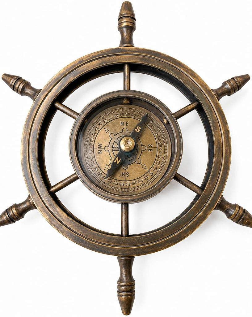 Antique Brass Nautical Hourglass with Compass Base, Vintage Sand Timer Decorative Showpiece, Maritime Glass Hour