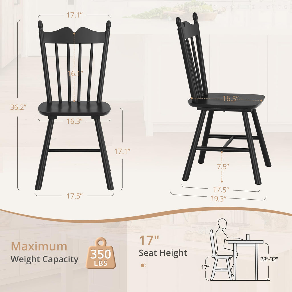Black Dining Chairs Set of 4, Windsor Wooden Dining Chair with Thickened Backrest, Morden and Mid Century Kitchen