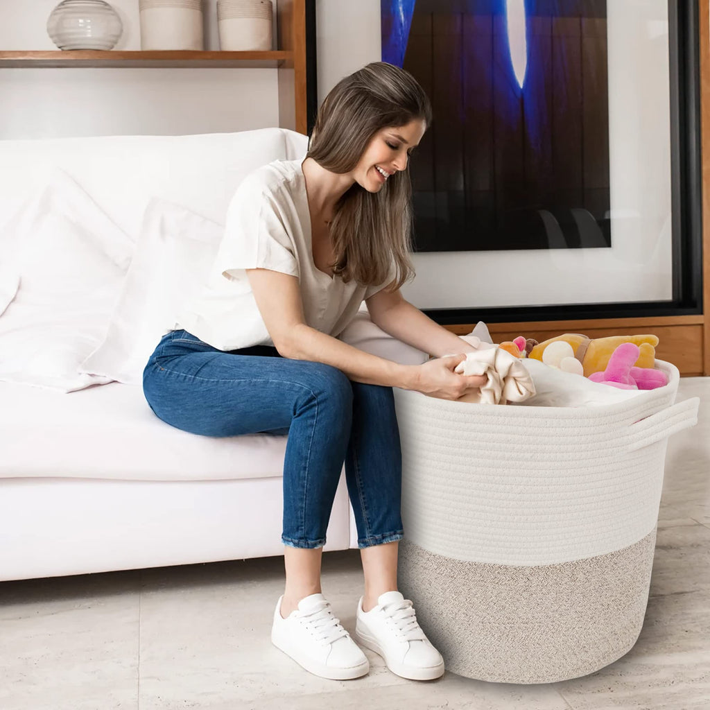 Large Storage Basket with Lid 60L, 16"Wx18"H Woven Laundry Hamper Basket with Handle, Room Decor Cotton Rope Wicker