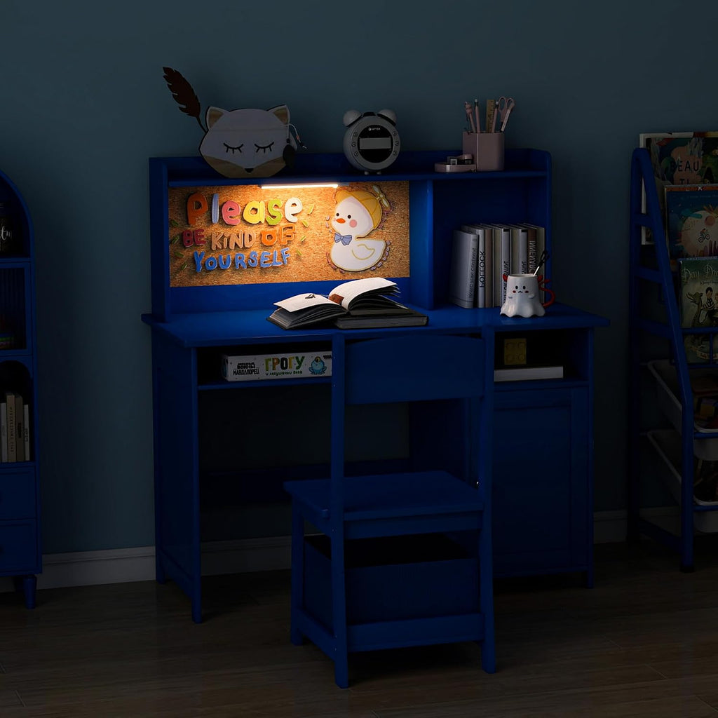 Kids Desk and Chair Set with Cork Board & Removable LED Light, Blue