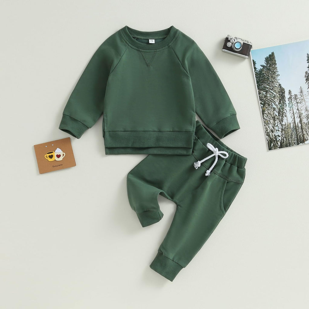 Toddler Baby Boy Girl Fall Winter Outfit Basic Solid Color Crewneck Long Sleeve Sweatshirt Top Jogger Pants Set