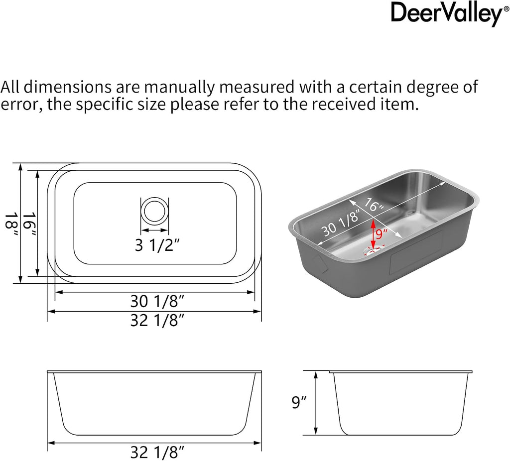 32 Inch Undermount Kitchen Sink 18 Gauge Stainless Steel Kitchen Sink Spacious Single Bowl Sinks with Basket Strainer