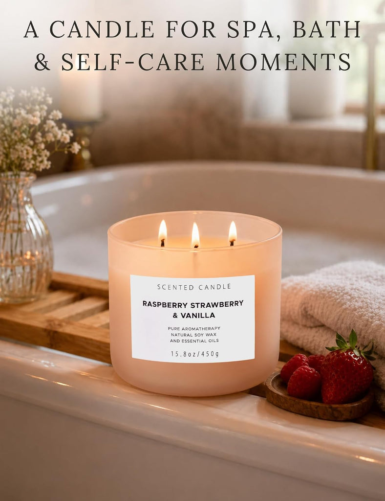 Raspberry Strawberry Vanilla Candle, 3-Wick Scented Soy Candle, 15.8 oz - Set of 158